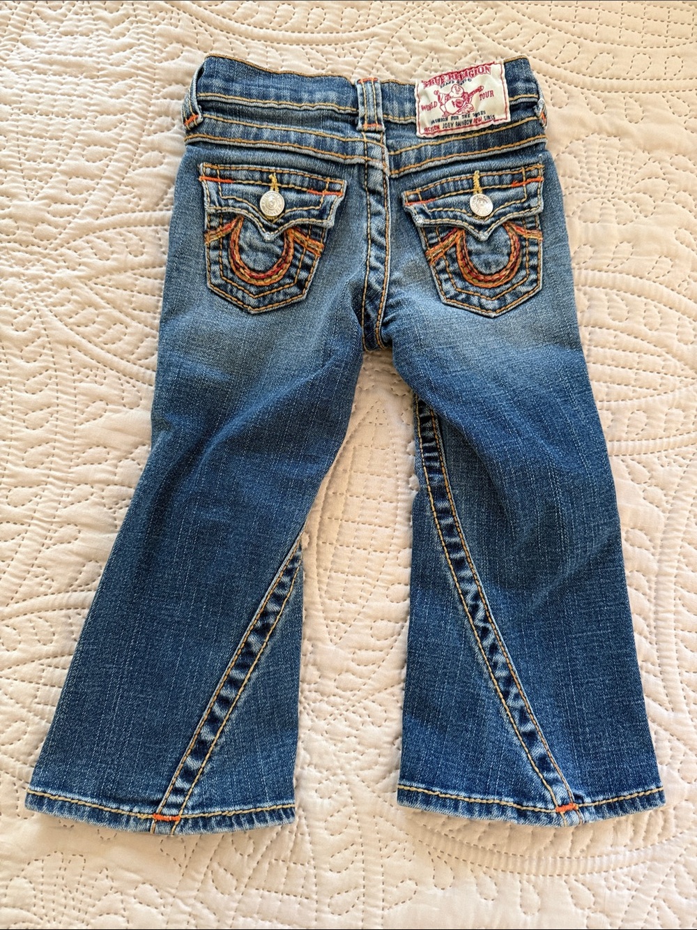 True Religion Girls weathered Blue Flare Jeans with Contrast Stitching